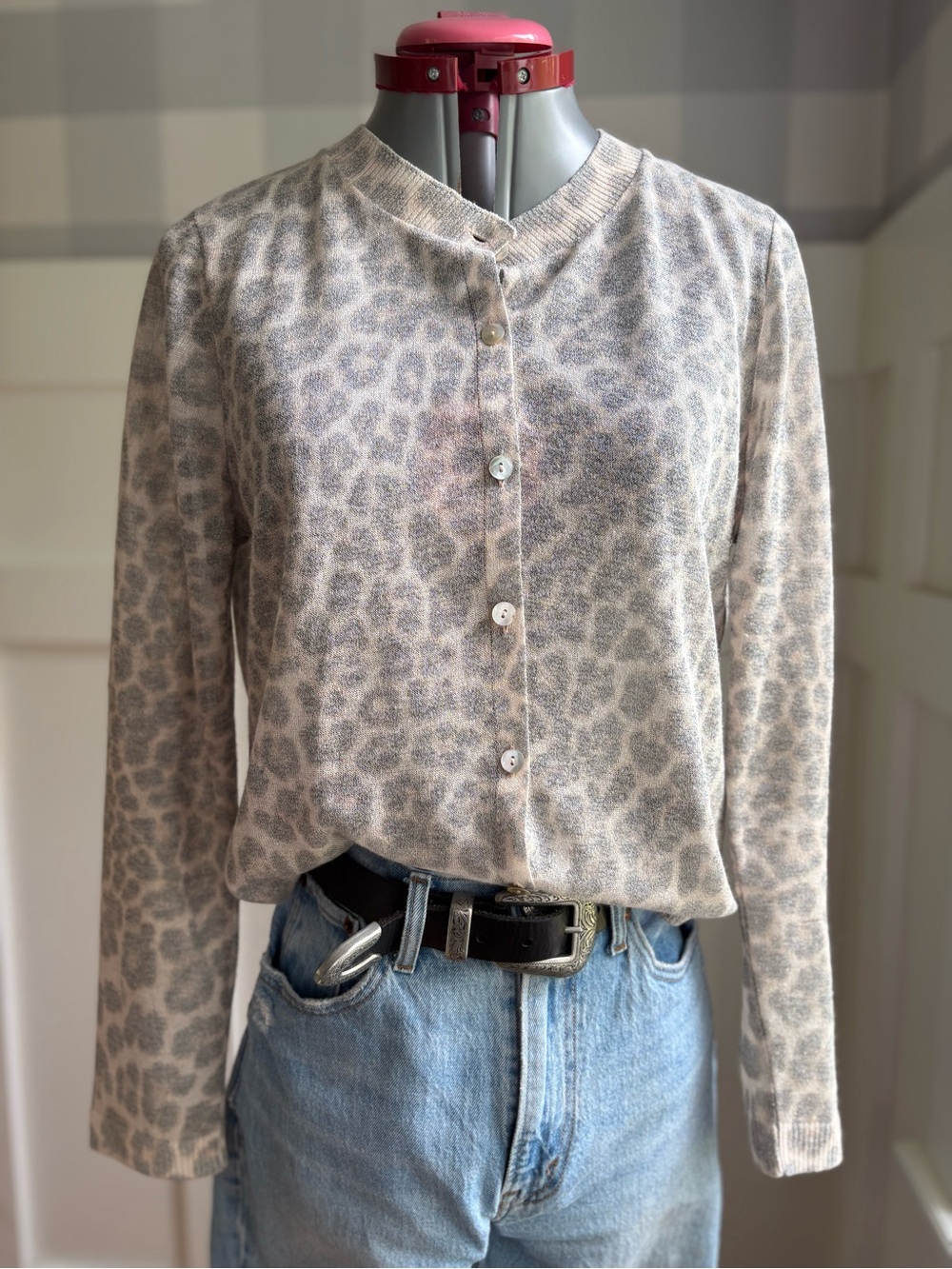 Zara Neutral Leopard Print Button-Front Cardigan - Beige and Gray Large
